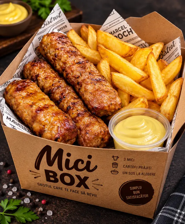 Mici cu cartofi prăjiți · Box